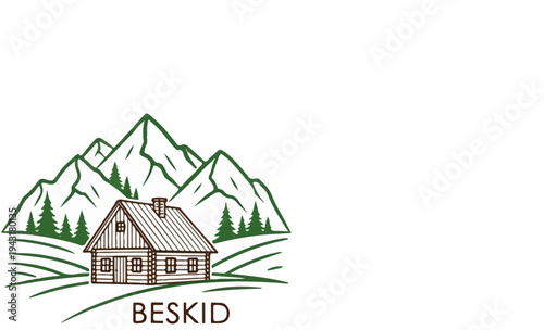 Rustic log cabin nestled at the base of majestic green mountains