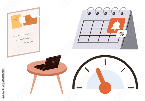 Time management, productivity tracking, goal setting, planning tools, organization, task prioritization. Items include a desk with a laptop, a calendar a speed gauge and a bulletin board. Time