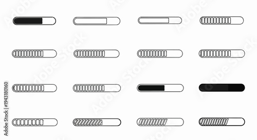 Collection of 16 different styles of loading progress bars, some filled