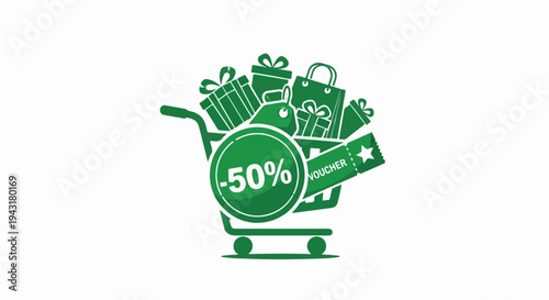 Green shopping cart filled with gifts, a shopping bag, and discount vouchers