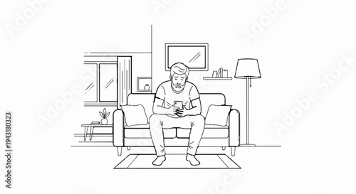 Sad man sitting on sofa, engrossed in his phone, in a dimly lit room