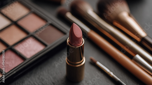 Makeup essentials including lipstick, eyeshadow palette, and brushes 