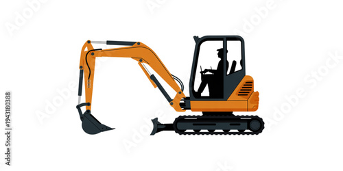 A side view illustration of a yellow mini excavator with a silhouette of an operator inside cabin Vector