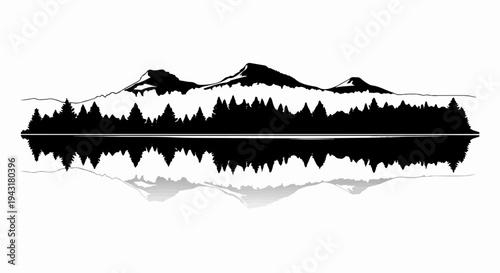 Silhouette of trees and mountains reflected in a calm lake under a clear sky