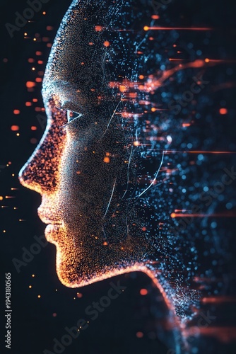 Particle swirls form a human face in profile