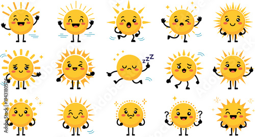 Cute cartoon sun character collection with smiling sunshine mascots different expressions summer weather vector illustration set