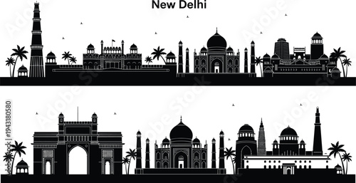 Black and white silhouette collage of New Delhi landmarks including Qutub Minar, India Gate, Lotus Temple, Taj Mahal, Red Fort, Gateway