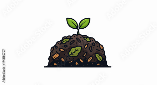 Small green sprout growing from a pile of soil and organic matter