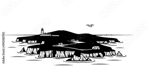 Coastal island with lighthouse, houses, and a soaring bird in black and white