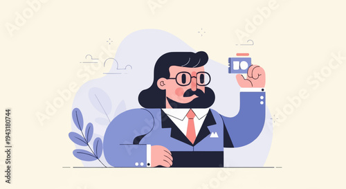 Stylish man in suit holding a small device, possibly a camera