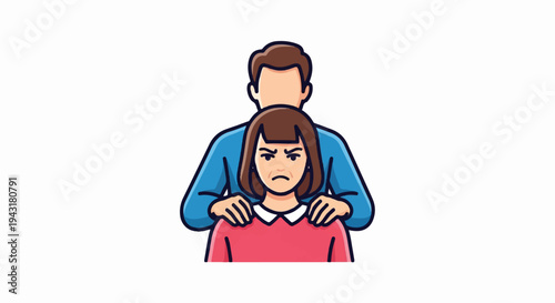 Man with hands on woman's shoulders, woman looks displeased