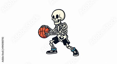 Cartoon skeleton playing basketball with a dribble