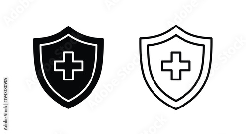 Two medical shield icons with a cross a bold silhouette