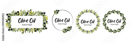 Collection of elegant olive oil label templates with decorative olive branch wreaths and frames