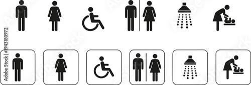Public Restroom Icons Set Vector Toilet Male Female Accessible Shower and Baby Changing Symbols