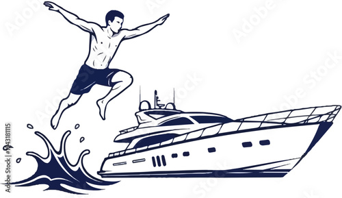 Athletic man jumps into the sea near a luxury yacht