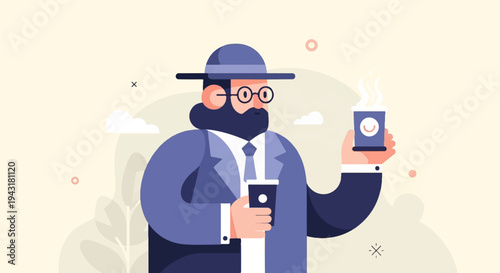 Bearded man in hat and suit holding a hot beverage