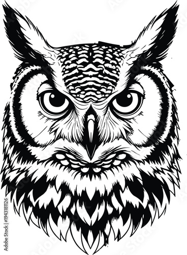 Detailed black and white owl head illustration with intense eyes, great horned owl mascot vector art, wise bird face for tattoo design.