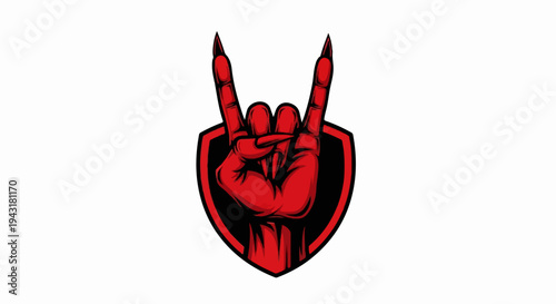 Red hand gesture with devil horns inside a shield
