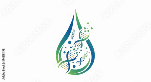 Abstract organic droplet with swirling DNA strands and bubbles