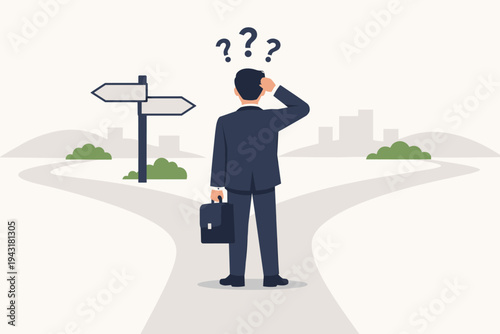 Businessman in a suit standing at a crossroads with question marks, feeling confused and uncertain about which path to take for his career or business strategy, flat vector illustration.