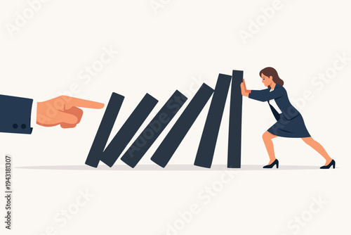 Businesswoman Stopping Falling Dominoes Pushed by a Giant Hand, Concept of Crisis Management, Resilience, and Preventing a Chain Reaction in Business Strategy, Flat Vector Illustration Design