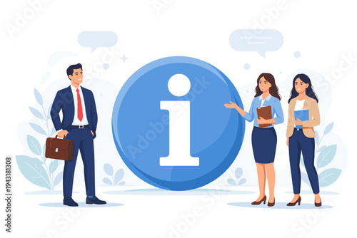 Business Professionals Standing by Large Information Icon. Professional Man and Women in Suits at Info Point for Customer Service, Support, and Corporate Guidance. Flat Vector Illustration.