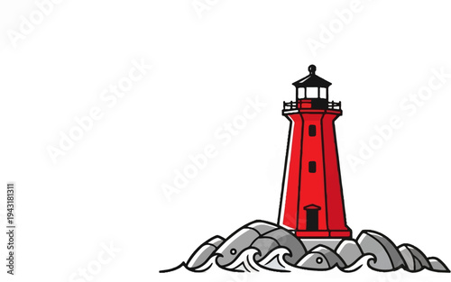 Red lighthouse stands tall on rocky shore, waves crash below