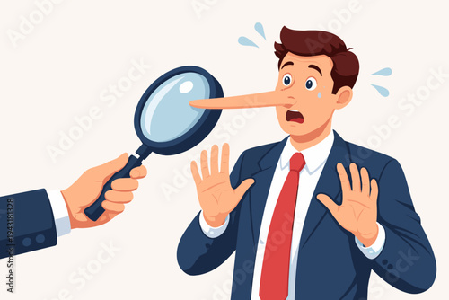 Businessman with Long Nose Caught Lying Under Magnifying Glass, Concept of Dishonesty, Fraud, and Corporate Ethics, Surprised Man in Suit Being Investigated for Deception and Falsehoods