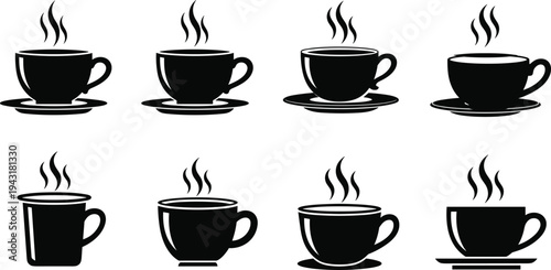 Hot coffee cup silhouettes collection vector illustration, steaming tea and coffee mugs isolated for cafe menu design, beverage branding, restaurant icons and drink symbols
