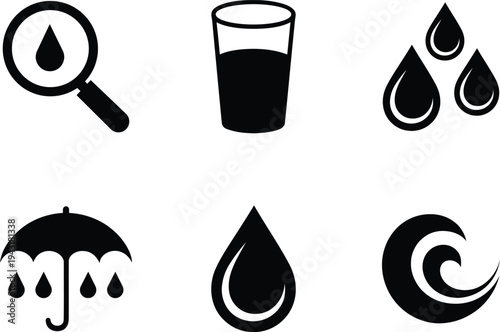 Collection of six black waterrelated icons representing different concepts like testing drinking and protection