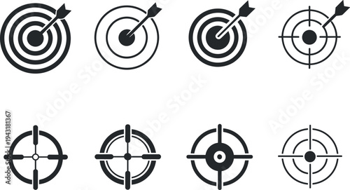 Eight different target icons vector illustration, flat design, aiming symbols