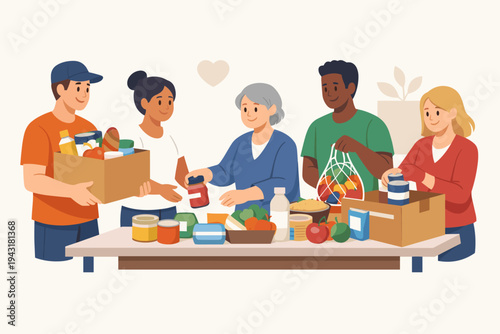 Diverse volunteers packing food donation boxes with canned goods, fresh vegetables, and bread for a local charity or food bank. Community support, social service, and kindness concept vector.