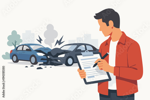 Flat vector illustration of a man filling out an insurance claim form on a clipboard after a car accident collision between two vehicles with smoke and debris on a city street background.