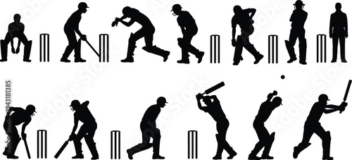 Cricket players silhouettes set with batsman bowler wicketkeeper and umpire in various action poses isolated on white background for sports competition design
