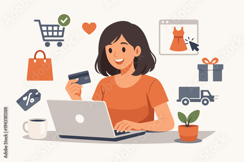 Happy woman shopping online with laptop and credit card. Flat vector illustration featuring e-commerce icons like shopping cart, delivery truck, gift box, and discount tag on a light background.