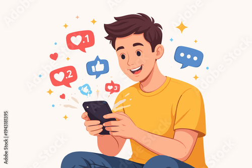 Happy young man looking at a smartphone with social media icons like hearts, thumbs up, and speech bubbles popping out, vector illustration of viral content, digital marketing, and engagement.