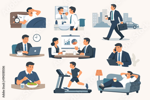 Businessman daily routine vector illustration set with scenes of waking up, grooming, commuting, working on laptop, business meetings, phone calls, healthy eating, treadmill exercise, and rest.