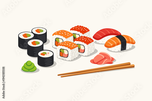 Delicious Japanese sushi set vector illustration featuring maki rolls, salmon and tuna nigiri, uramaki with sesame and roe, served with wasabi, pickled ginger, and chopsticks on white background.
