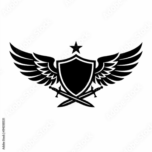 Heraldic Shield Crest with Wings Crossed Swords and Star Icon