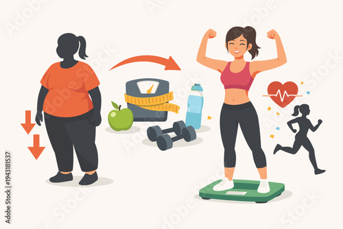 Weight loss transformation vector illustration of a woman successfully losing weight through exercise and healthy diet, featuring fitness icons like dumbbells, scale, apple, and water bottle.