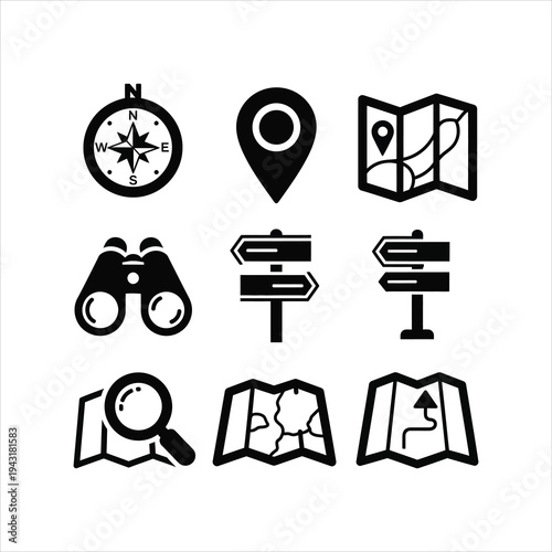 Set of black silhouette icons for navigation and travel: compass, map pin, folded map, binoculars, and signposts