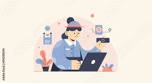 Person with laptop and camera, connected devices and plants