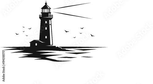 Silhouette of a tall, dark lighthouse with a small building at its base, guiding light