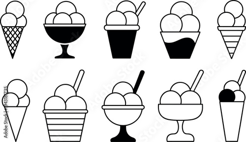 Set of ice cream and dessert cups with spoons vector illustration flat design isolated on white background