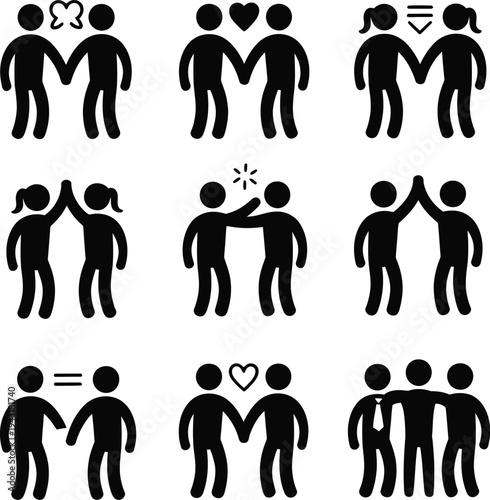 People icon set with various gestures and symbols of friendship and love