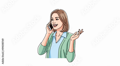 Smiling woman in casual clothing animatedly talking on a smartphone