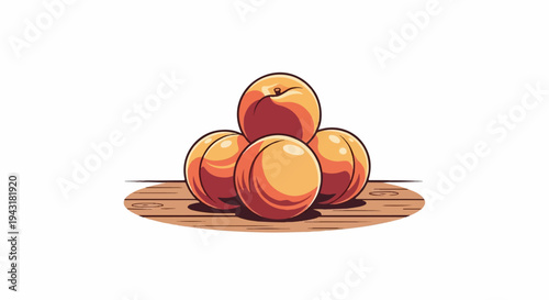 A pile of ripe, orange-red peaches rests on a wooden surface