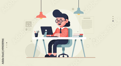A person in glasses sits at a desk working on a laptop in a minimalist office