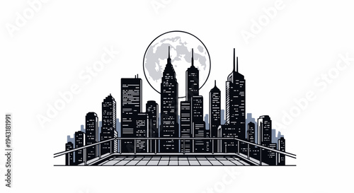Stylized city skyline with a large moon and a modern promenade